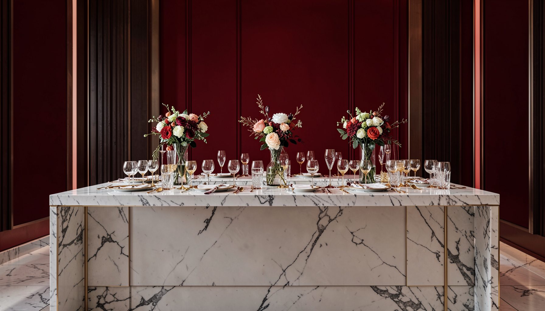 An elegant buffet table styled as a bar, with marble surfaces, gold-rimmed glassware, and floral arrangements.