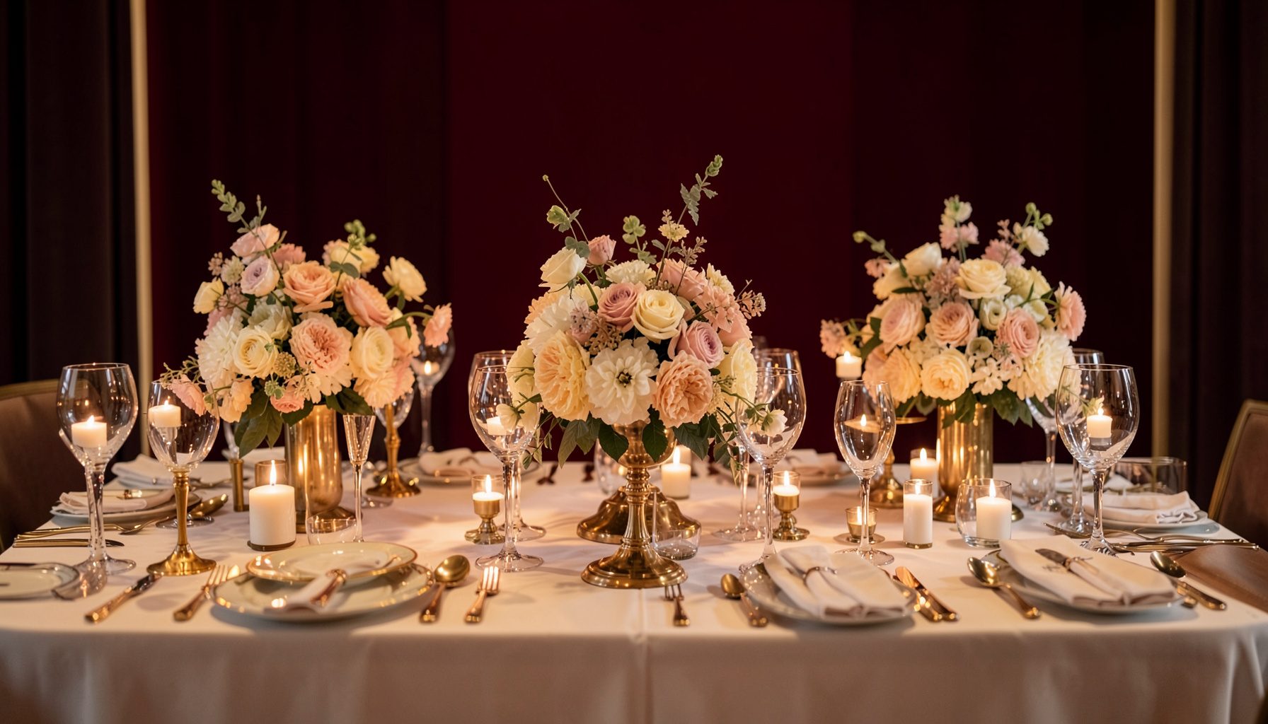 Elegant event tablescape with gold accents, soft candlelight, and lush floral centerpieces in warm ivory and blush tones